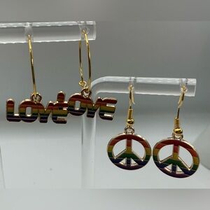 2 PAIR LOVE PEACE SIGN RAINBOW GOLDTONE LGBTQ COLORFUL HANDMADE EARRINGS NEW